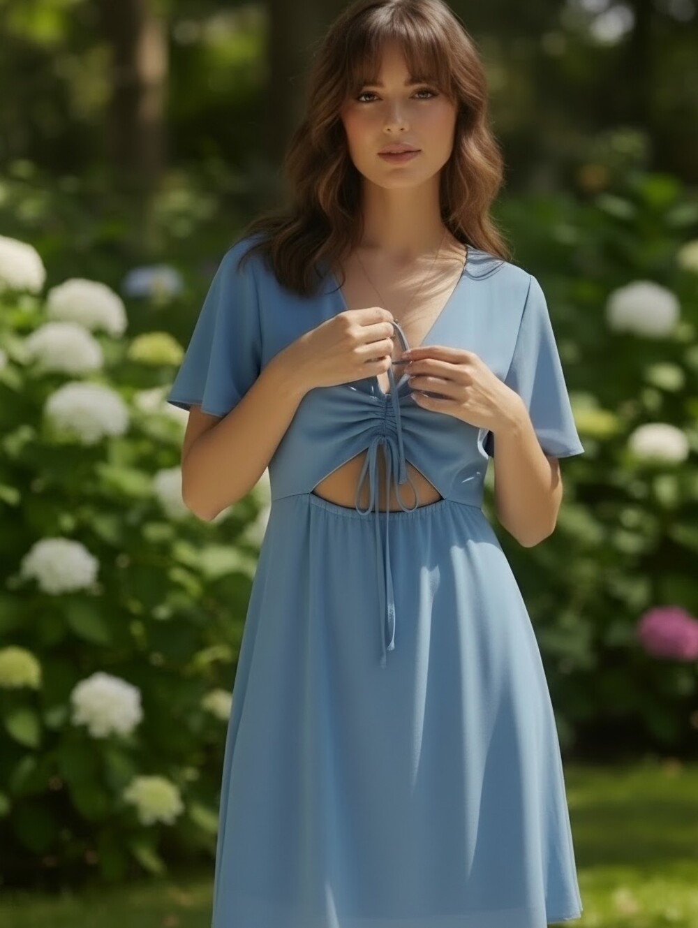 PRIVACYPLEASE Blue Tie-Front Cutout Short Dress Women S